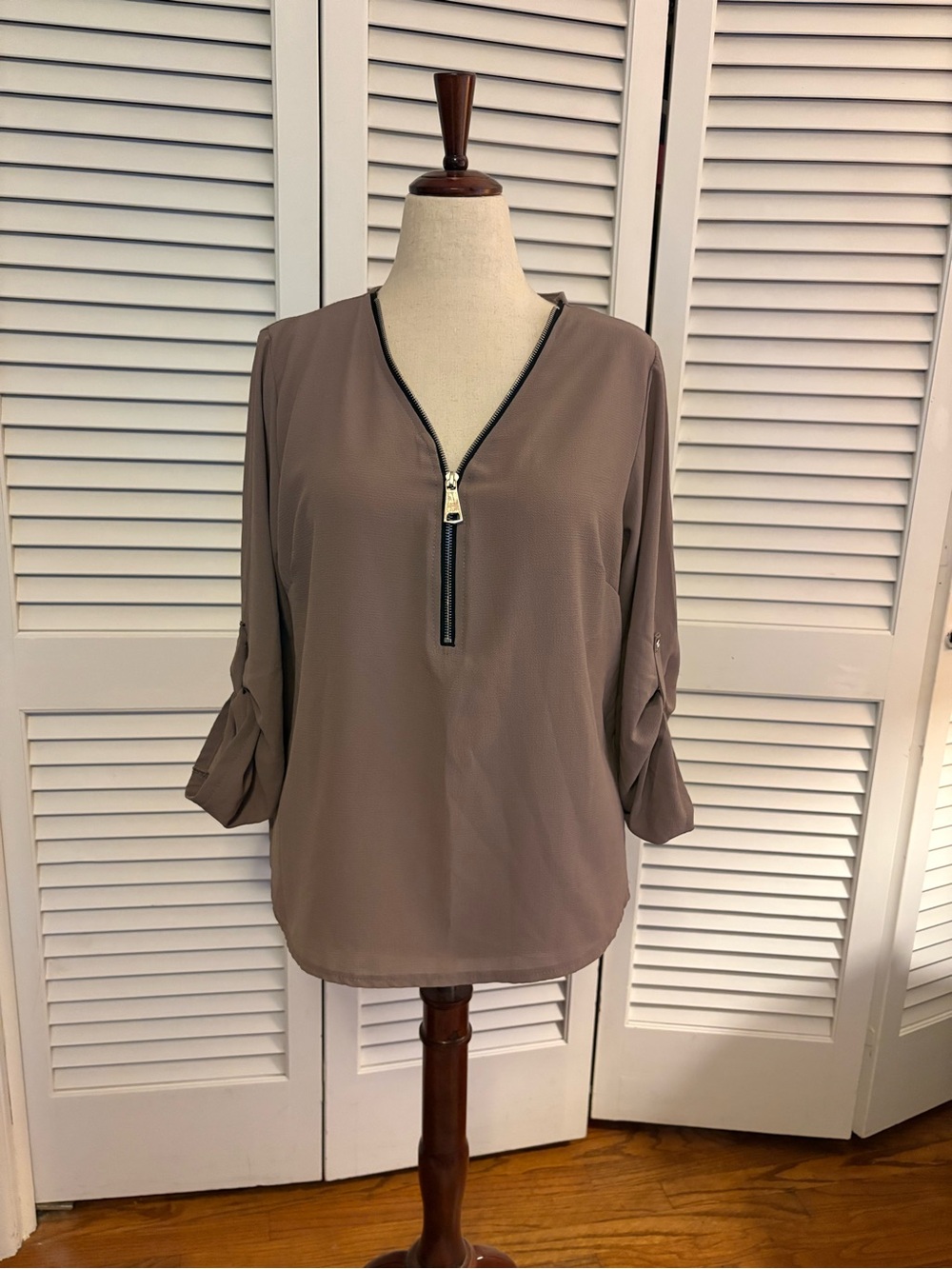 Taupe Zip-Front Roll-Tab Blouse